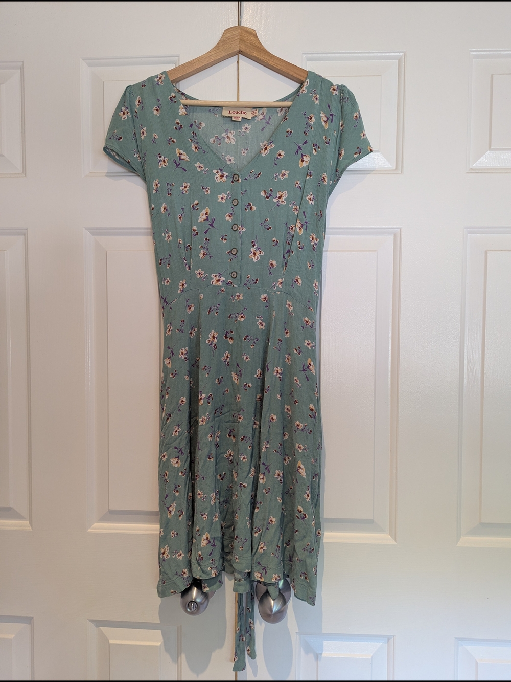 Louche Sage Green Floral Short-Sleeve Tie Back Midi Dress 90s Cottagecore Fairy